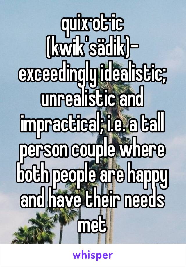 quix·ot·ic
(kwikˈsädik)- exceedingly idealistic; unrealistic and impractical; i.e. a tall person couple where both people are happy and have their needs met