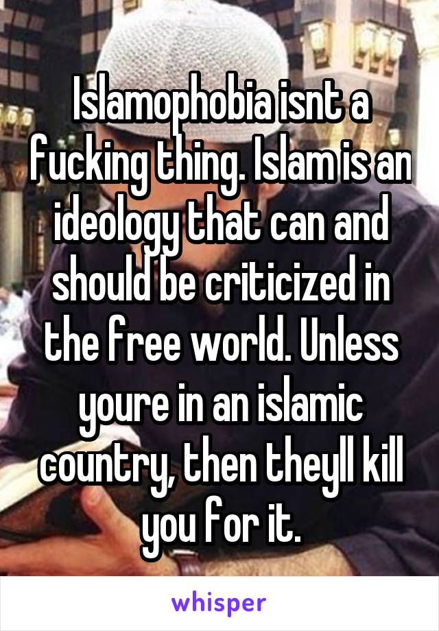 Islamophobia isnt a fucking thing. Islam is an ideology that can and should be criticized in the free world. Unless youre in an islamic country, then theyll kill you for it.