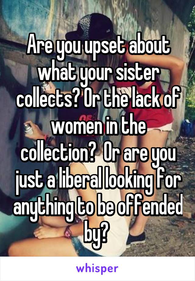 Are you upset about what your sister collects? Or the lack of women in the collection?  Or are you just a liberal looking for anything to be offended by? 