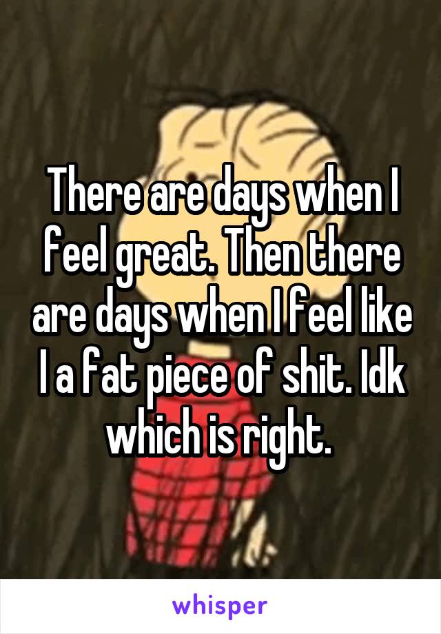 There are days when I feel great. Then there are days when I feel like I a fat piece of shit. Idk which is right. 