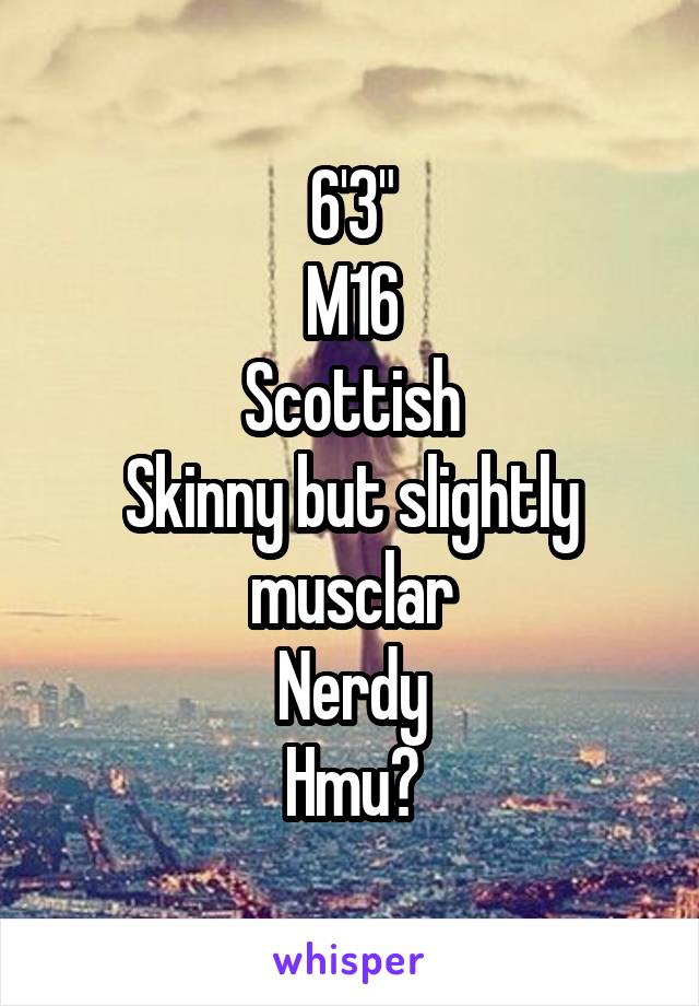 6'3"
M16
Scottish
Skinny but slightly musclar
Nerdy
Hmu?