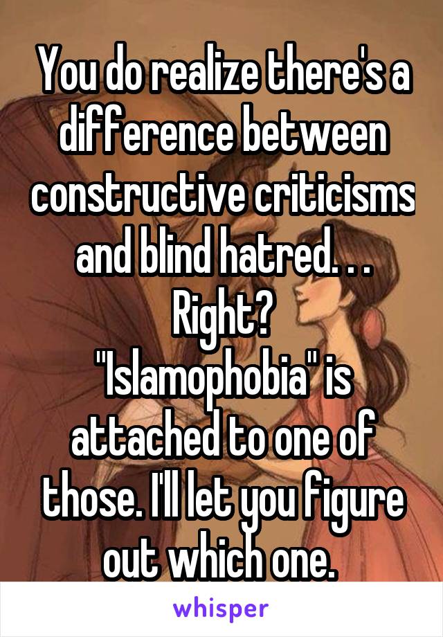 You do realize there's a difference between constructive criticisms and blind hatred. . . Right?
"Islamophobia" is attached to one of those. I'll let you figure out which one. 