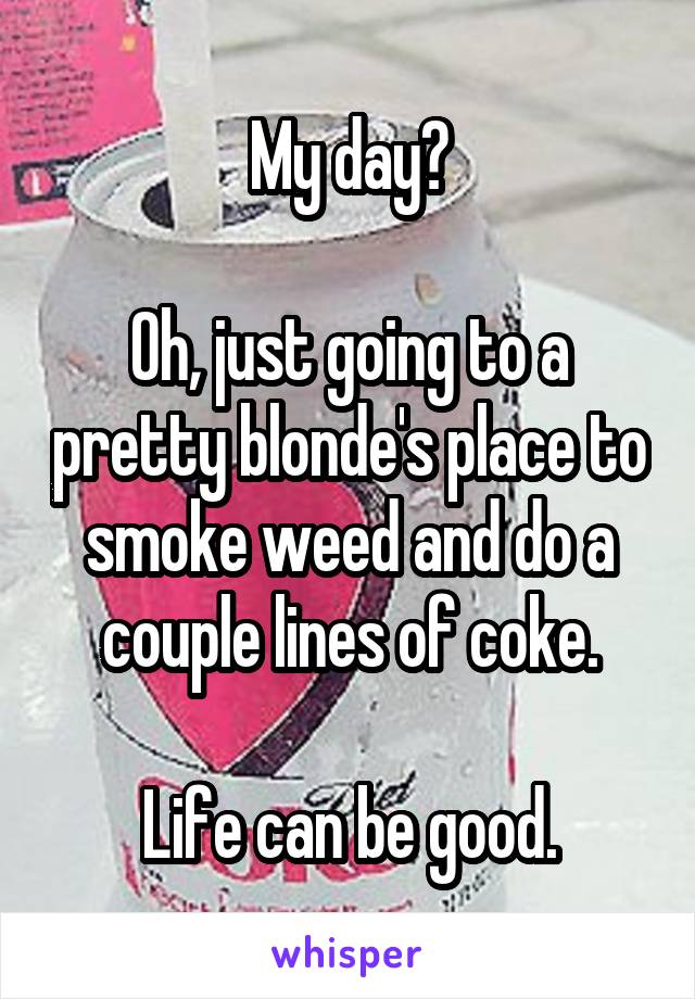 My day?

Oh, just going to a pretty blonde's place to smoke weed and do a couple lines of coke.

Life can be good.