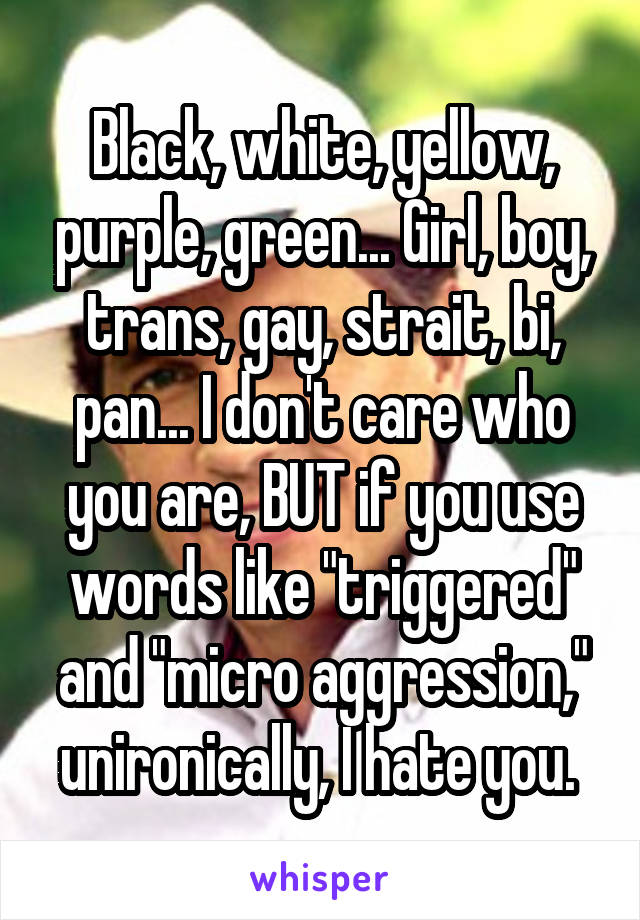 Black, white, yellow, purple, green... Girl, boy, trans, gay, strait, bi, pan... I don't care who you are, BUT if you use words like "triggered" and "micro aggression," unironically, I hate you. 