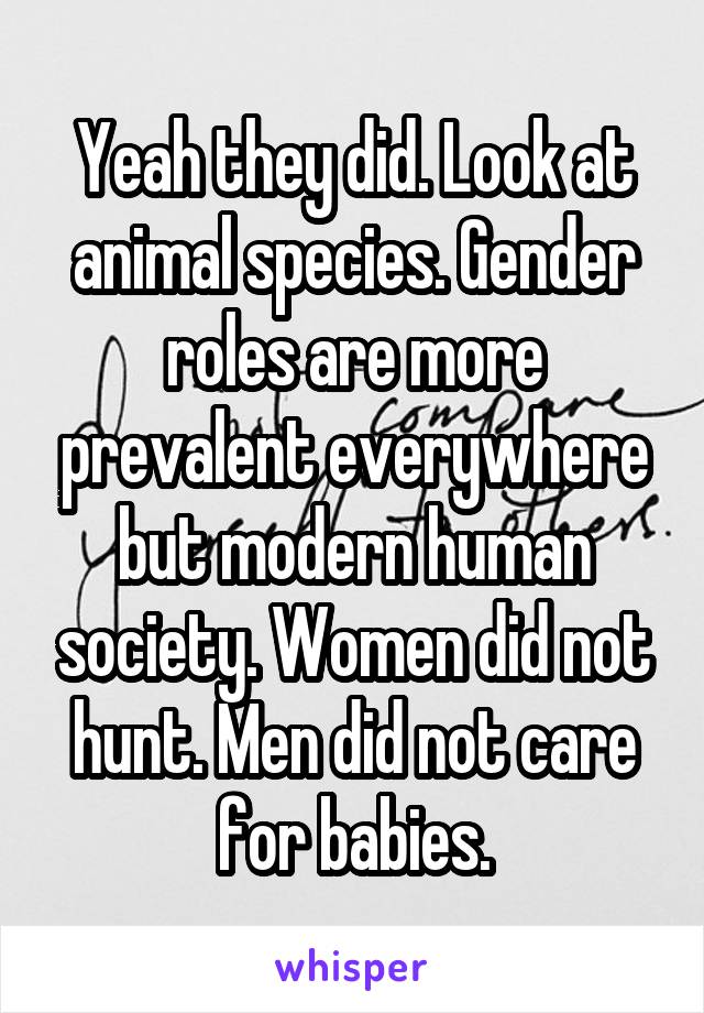 Yeah they did. Look at animal species. Gender roles are more prevalent everywhere but modern human society. Women did not hunt. Men did not care for babies.