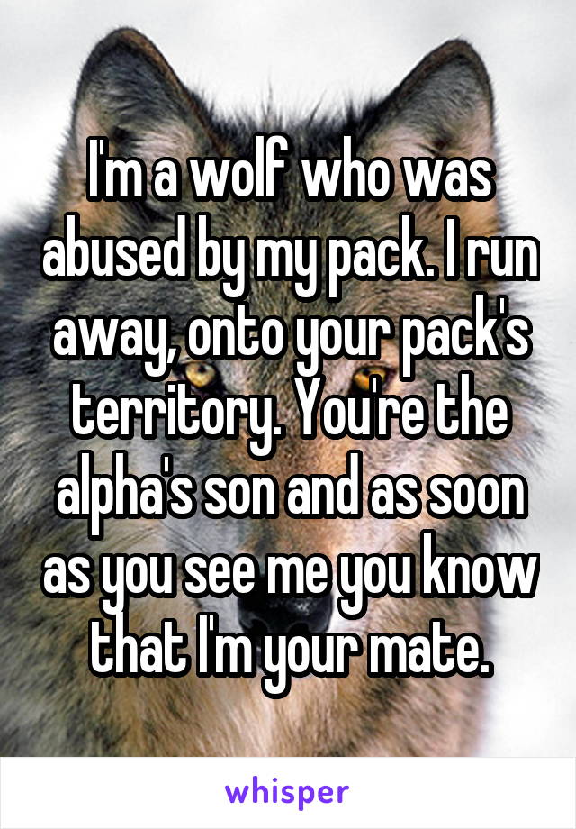 I'm a wolf who was abused by my pack. I run away, onto your pack's territory. You're the alpha's son and as soon as you see me you know that I'm your mate.