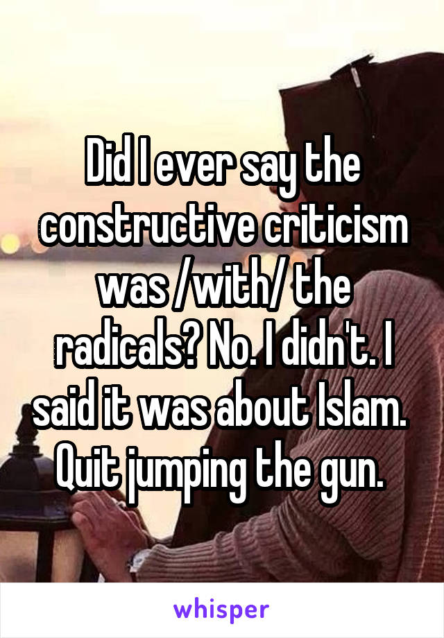 Did I ever say the constructive criticism was /with/ the radicals? No. I didn't. I said it was about Islam. 
Quit jumping the gun. 