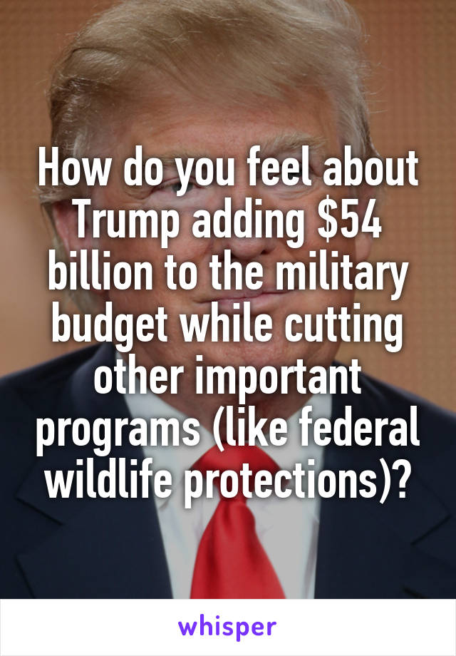 How do you feel about Trump adding $54 billion to the military budget while cutting other important programs (like federal wildlife protections)?