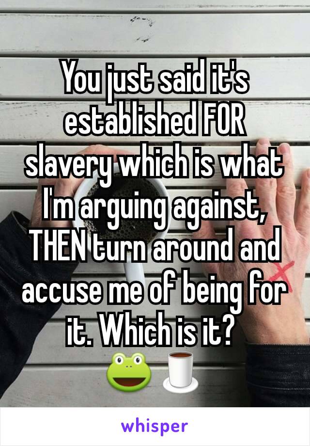 You just said it's established FOR slavery which is what I'm arguing against, THEN turn around and accuse me of being for it. Which is it? 
🐸🍵