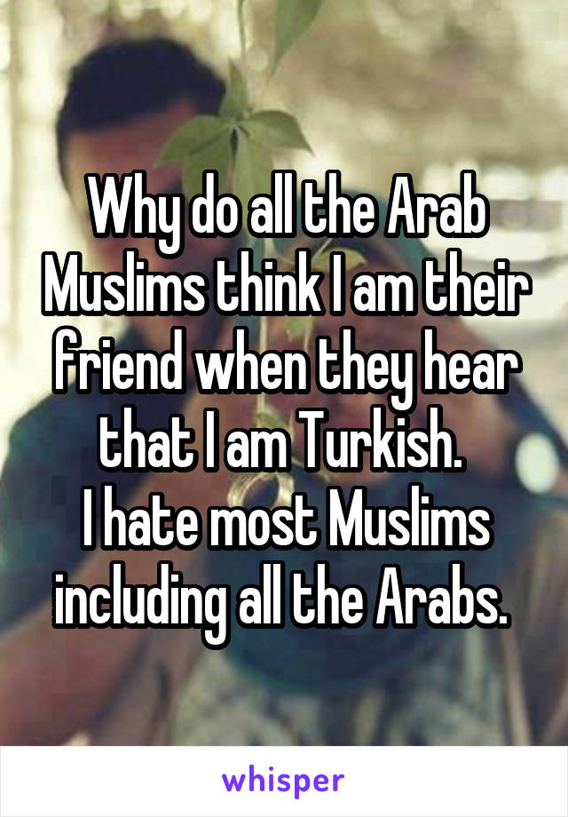 Why do all the Arab Muslims think I am their friend when they hear that I am Turkish. 
I hate most Muslims including all the Arabs. 