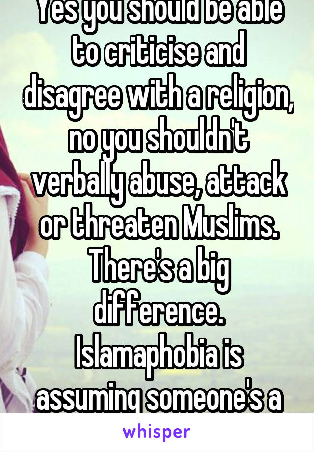 Yes you should be able to criticise and disagree with a religion, no you shouldn't verbally abuse, attack or threaten Muslims. There's a big difference. Islamaphobia is assuming someone's a terrorist