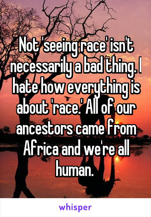 Not 'seeing race' isn't necessarily a bad thing. I hate how everything is about 'race.' All of our ancestors came from Africa and we're all human. 