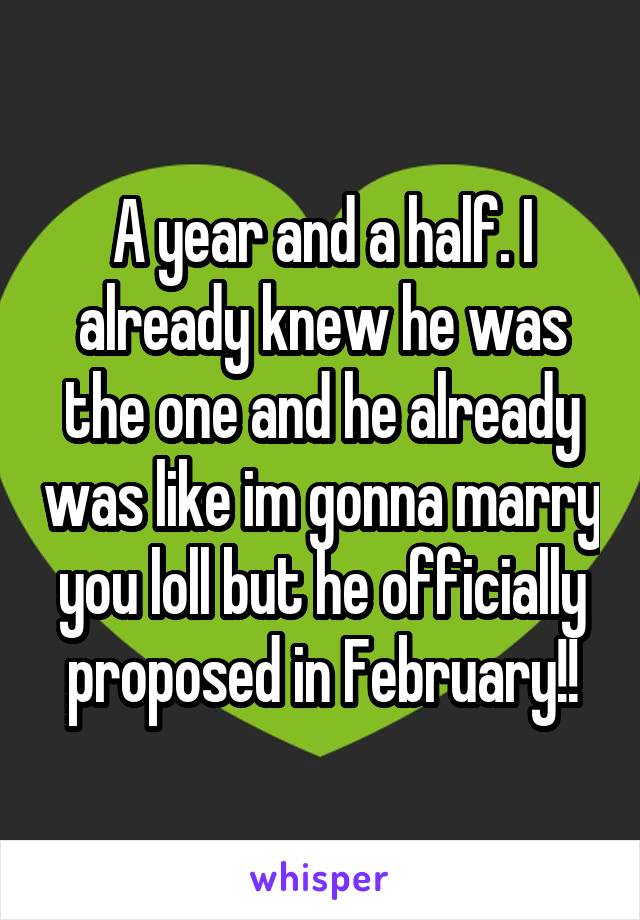 A year and a half. I already knew he was the one and he already was like im gonna marry you loll but he officially proposed in February!!