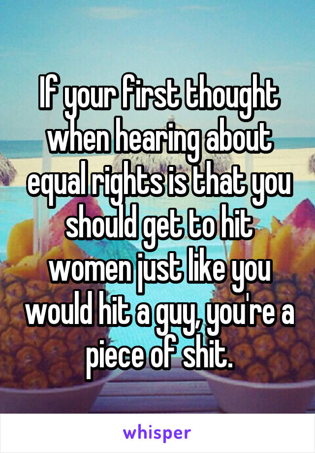 If your first thought when hearing about equal rights is that you should get to hit women just like you would hit a guy, you're a piece of shit.