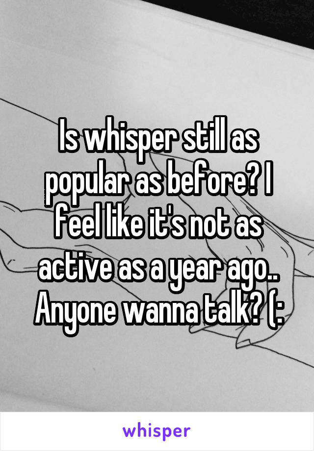 Is whisper still as popular as before? I feel like it's not as active as a year ago.. Anyone wanna talk? (: