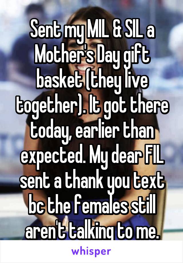 Sent my MIL & SIL a Mother's Day gift basket (they live together). It got there today, earlier than expected. My dear FIL sent a thank you text bc the females still aren't talking to me.