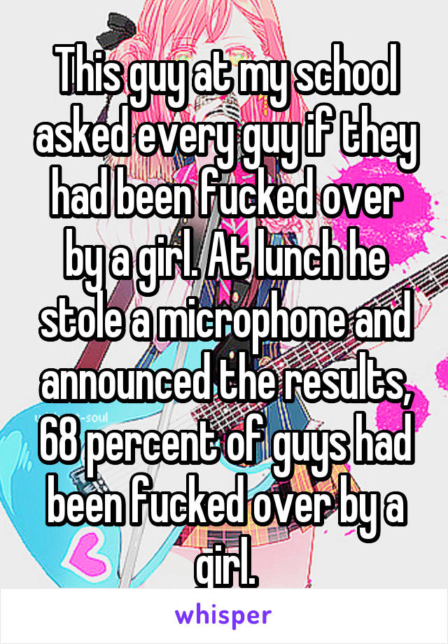 This guy at my school asked every guy if they had been fucked over by a girl. At lunch he stole a microphone and announced the results, 68 percent of guys had been fucked over by a girl.