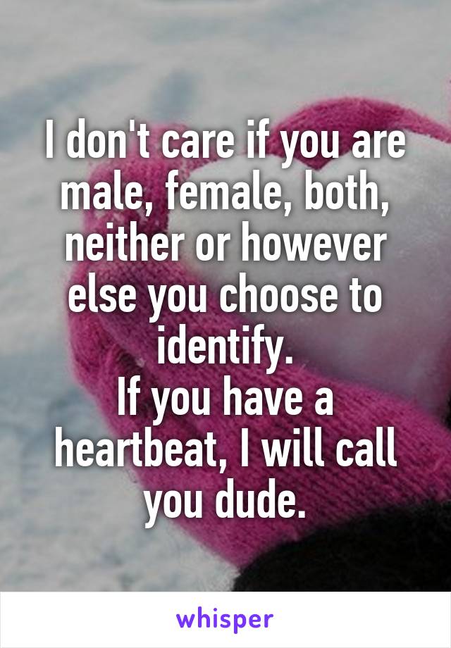 I don't care if you are male, female, both, neither or however else you choose to identify.
If you have a heartbeat, I will call you dude.