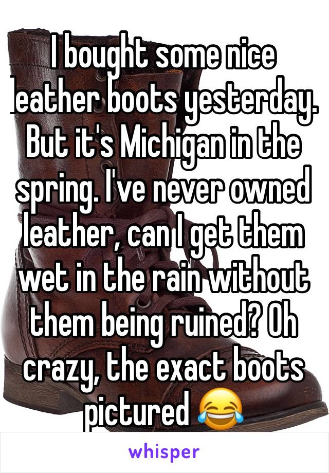 I bought some nice leather boots yesterday. But it's Michigan in the spring. I've never owned leather, can I get them wet in the rain without them being ruined? Oh crazy, the exact boots pictured 😂