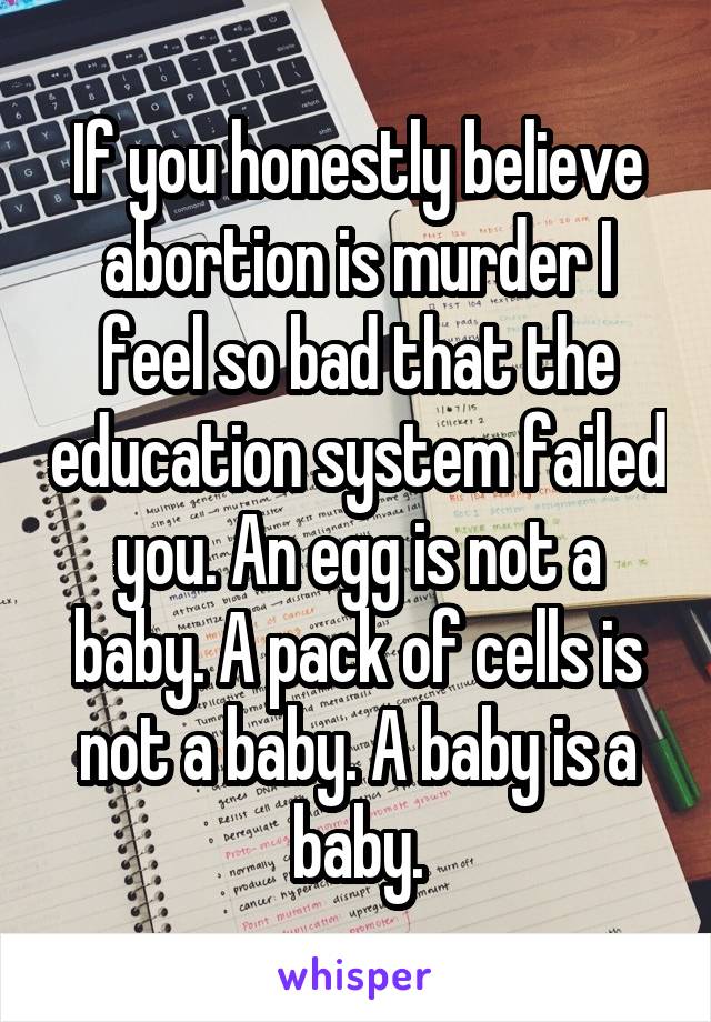 If you honestly believe abortion is murder I feel so bad that the education system failed you. An egg is not a baby. A pack of cells is not a baby. A baby is a baby.