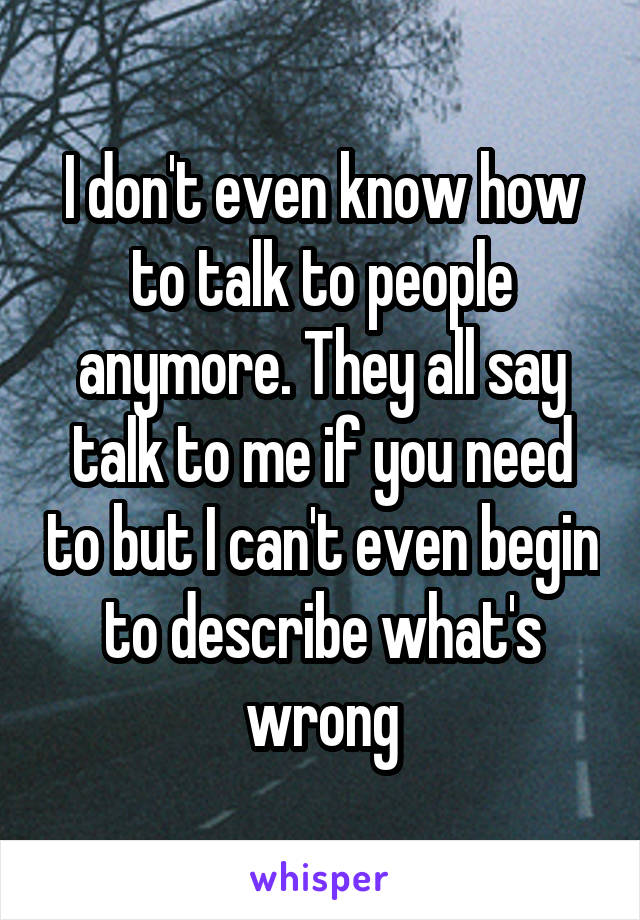 I don't even know how to talk to people anymore. They all say talk to me if you need to but I can't even begin to describe what's wrong
