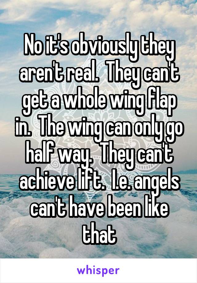 No it's obviously they aren't real.  They can't get a whole wing flap in.  The wing can only go half way.  They can't achieve lift.  I.e. angels can't have been like that