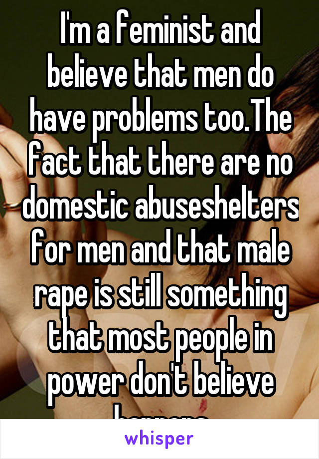 I'm a feminist and believe that men do have problems too.The fact that there are no domestic abuseshelters for men and that male rape is still something that most people in power don't believe happens