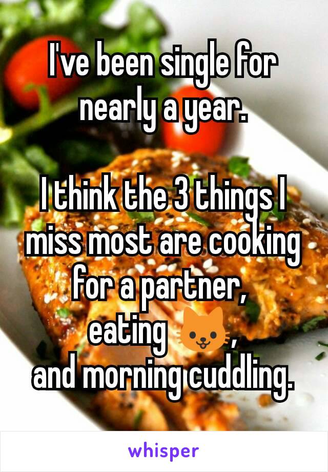 I've been single for nearly a year.

I think the 3 things I miss most are cooking for a partner, 
eating 🐱,
and morning cuddling.
