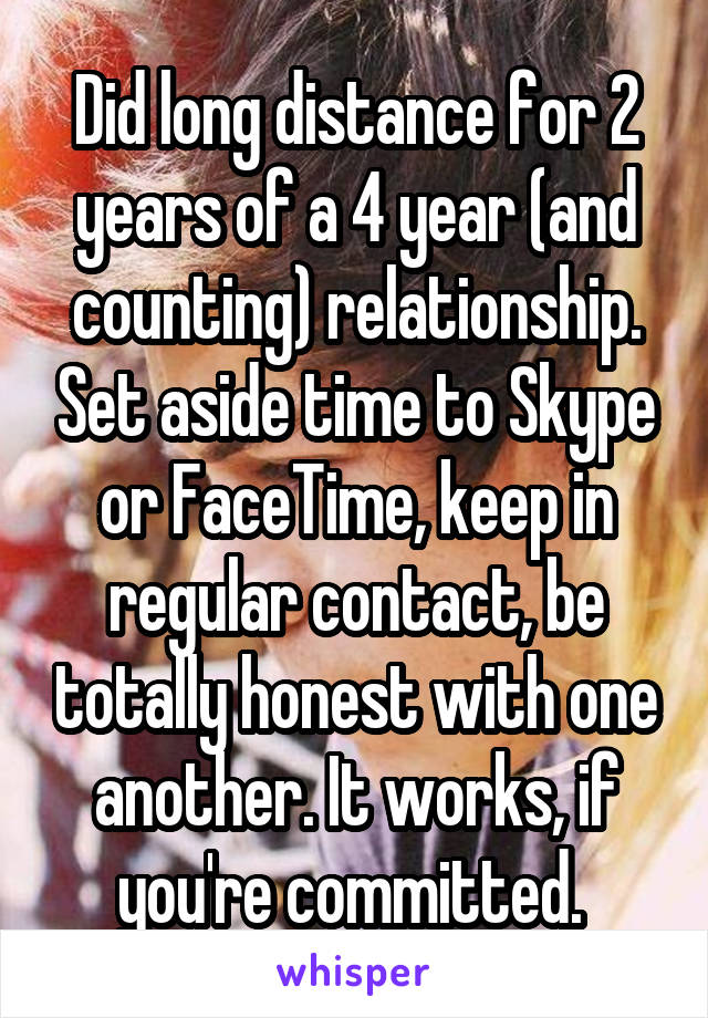 Did long distance for 2 years of a 4 year (and counting) relationship. Set aside time to Skype or FaceTime, keep in regular contact, be totally honest with one another. It works, if you're committed. 