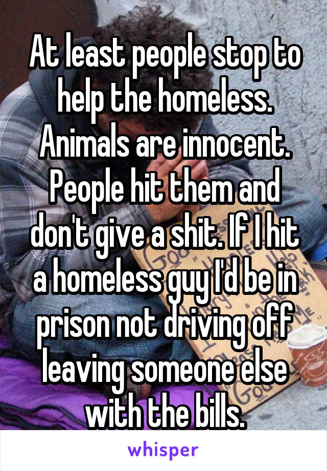 At least people stop to help the homeless. Animals are innocent. People hit them and don't give a shit. If I hit a homeless guy I'd be in prison not driving off leaving someone else with the bills.