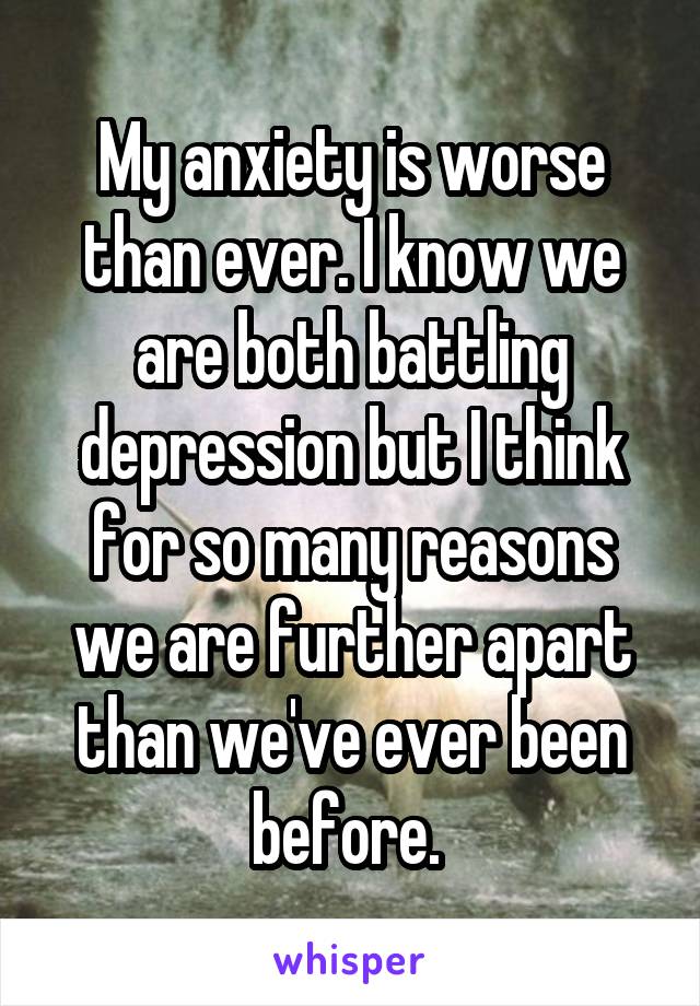 My anxiety is worse than ever. I know we are both battling depression but I think for so many reasons we are further apart than we've ever been before. 