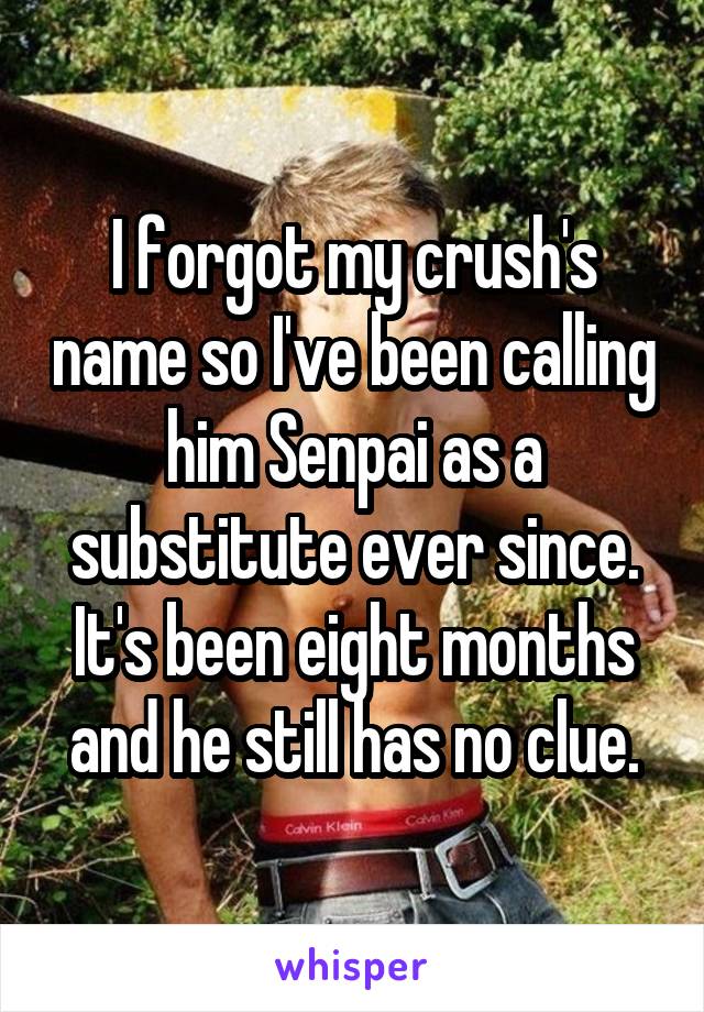 I forgot my crush's name so I've been calling him Senpai as a substitute ever since. It's been eight months and he still has no clue.