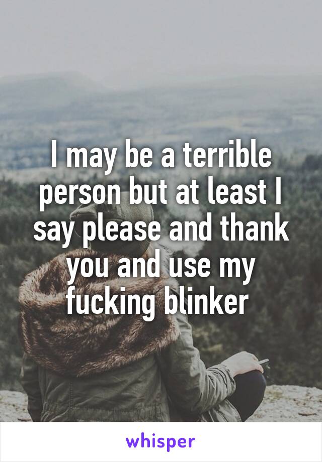I may be a terrible person but at least I say please and thank you and use my fucking blinker 