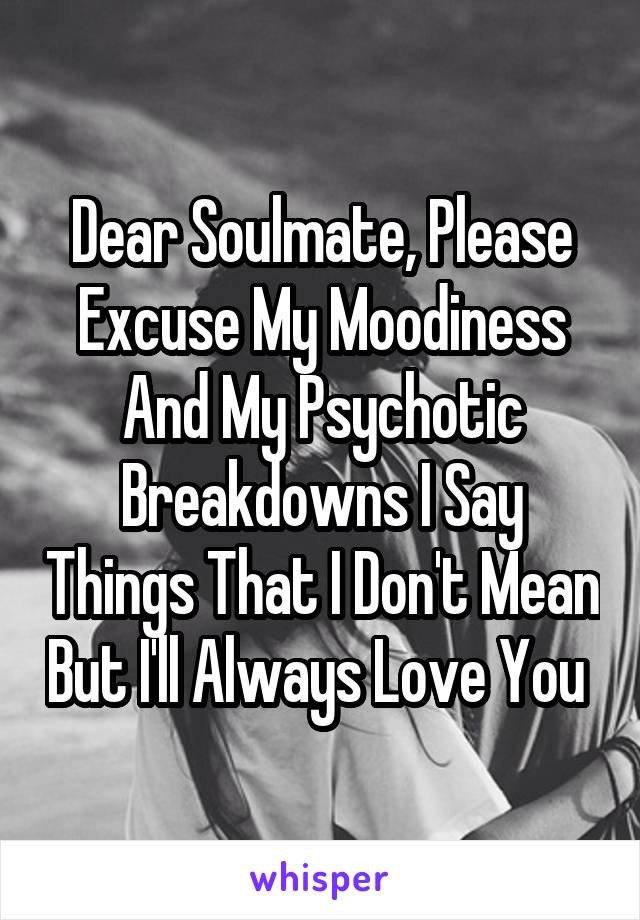 Dear Soulmate, Please Excuse My Moodiness And My Psychotic Breakdowns I Say Things That I Don't Mean But I'll Always Love You 