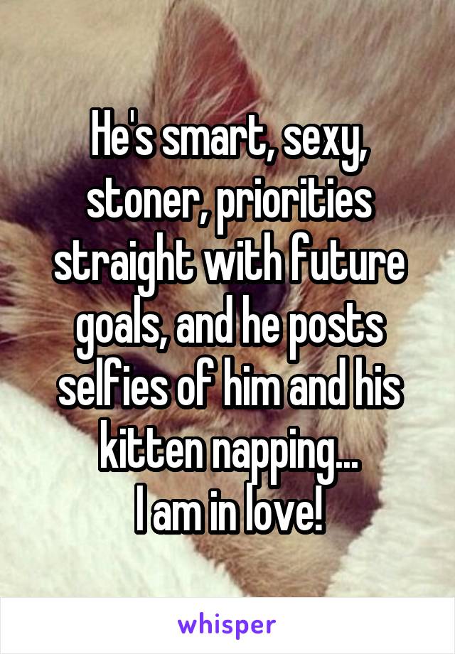 He's smart, sexy, stoner, priorities straight with future goals, and he posts selfies of him and his kitten napping...
I am in love!