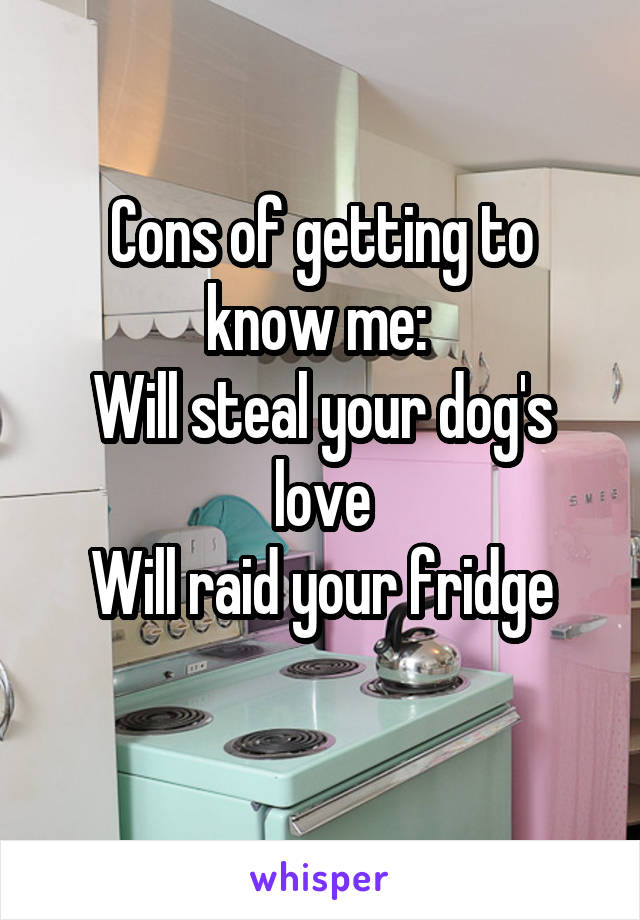 Cons of getting to know me: 
Will steal your dog's love
Will raid your fridge
