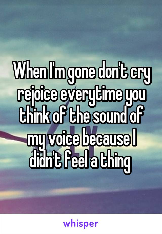When I'm gone don't cry rejoice everytime you think of the sound of my voice because I didn't feel a thing 