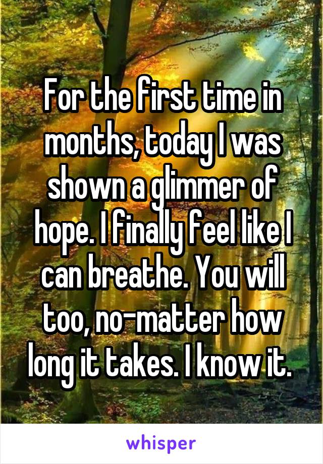 For the first time in months, today I was shown a glimmer of hope. I finally feel like I can breathe. You will too, no-matter how long it takes. I know it. 