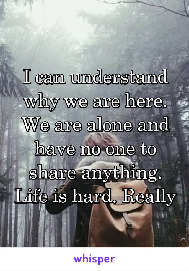 I can understand why we are here. We are alone and have no one to share anything. Life is hard. Really