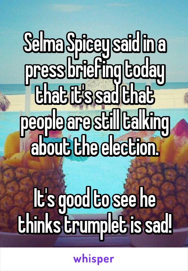 Selma Spicey said in a press briefing today that it's sad that people are still talking about the election.

It's good to see he thinks trumplet is sad!