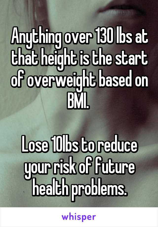 Anything over 130 lbs at that height is the start of overweight based on BMI. 

Lose 10lbs to reduce your risk of future health problems.