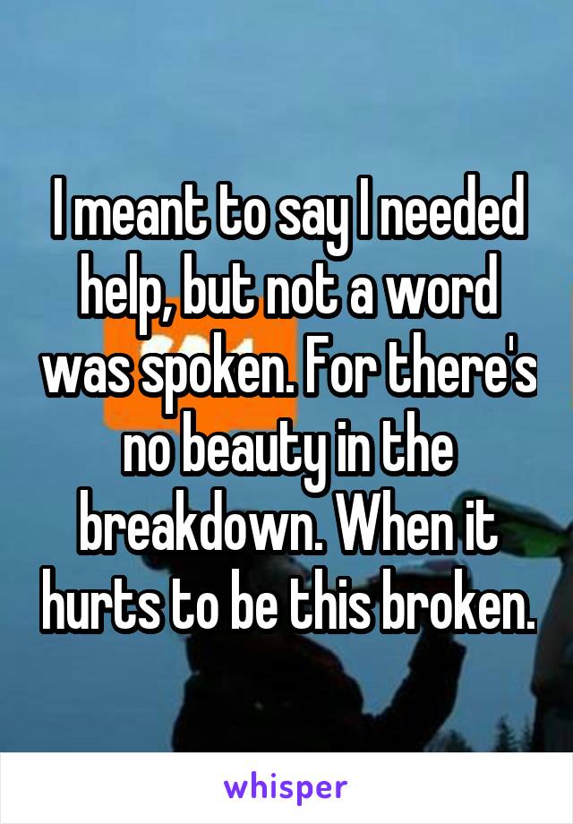 I meant to say I needed help, but not a word was spoken. For there's no beauty in the breakdown. When it hurts to be this broken.