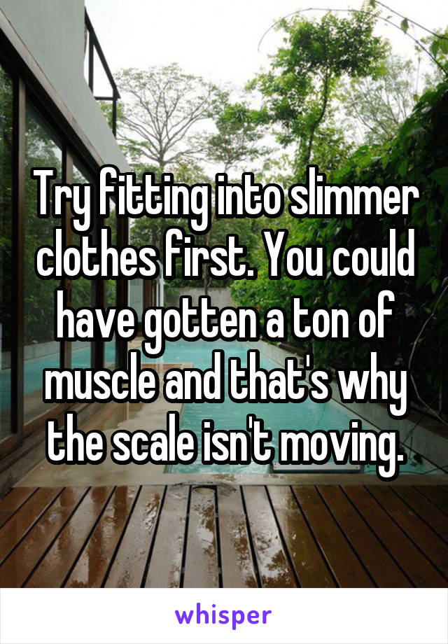 Try fitting into slimmer clothes first. You could have gotten a ton of muscle and that's why the scale isn't moving.