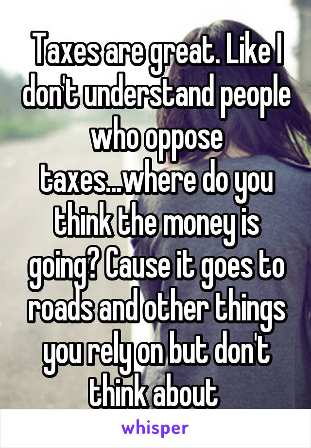 Taxes are great. Like I don't understand people who oppose taxes...where do you think the money is going? Cause it goes to roads and other things you rely on but don't think about 