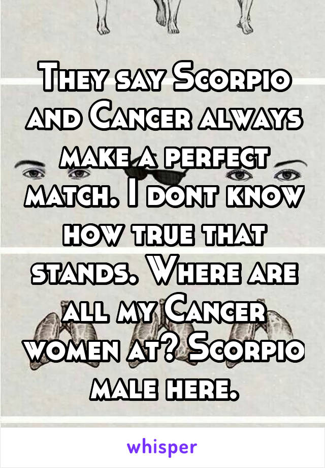 They say Scorpio and Cancer always make a perfect match. I dont know how true that stands. Where are all my Cancer women at? Scorpio male here.