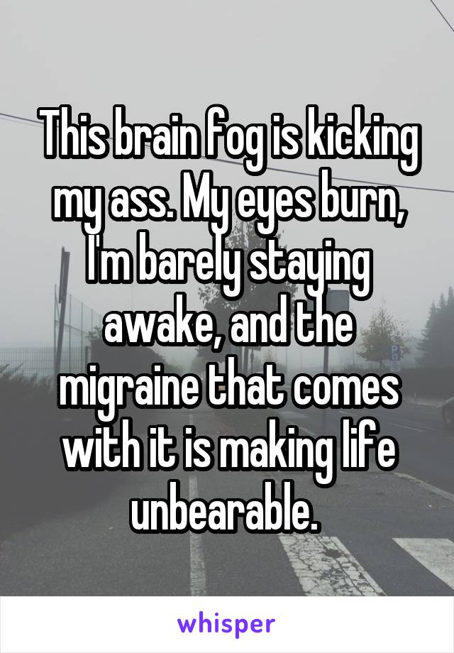 This brain fog is kicking my ass. My eyes burn, I'm barely staying awake, and the migraine that comes with it is making life unbearable. 