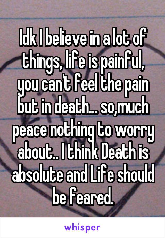 Idk I believe in a lot of things, life is painful, you can't feel the pain but in death... so,much peace nothing to worry about.. I think Death is absolute and Life should be feared.