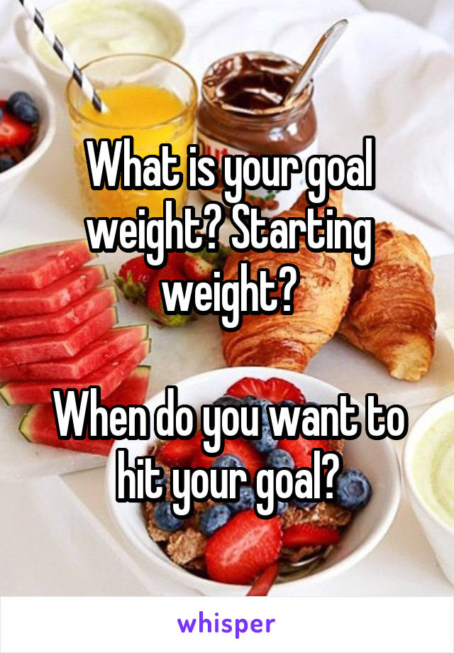 What is your goal weight? Starting weight?

When do you want to hit your goal?