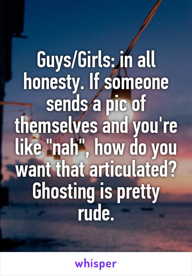 Guys/Girls: in all honesty. If someone sends a pic of themselves and you're like "nah", how do you want that articulated? Ghosting is pretty rude.
