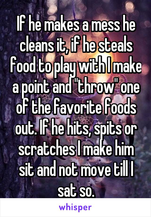 If he makes a mess he cleans it, if he steals food to play with I make a point and "throw" one of the favorite foods out. If he hits, spits or scratches I make him sit and not move till I sat so.